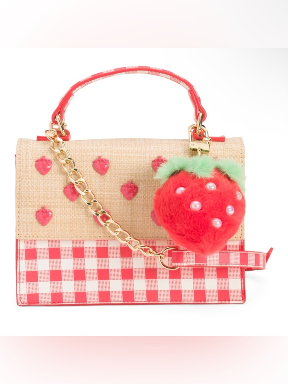 Betsey Johnson Strawberry Gingham Satchel Crossbody Bag Purse w/ Faux Fur Charm